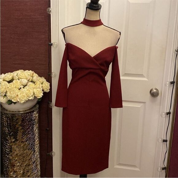 Alexis Elegant Burgundy Off-Shoulder Dress, M - Picture 1 of 7